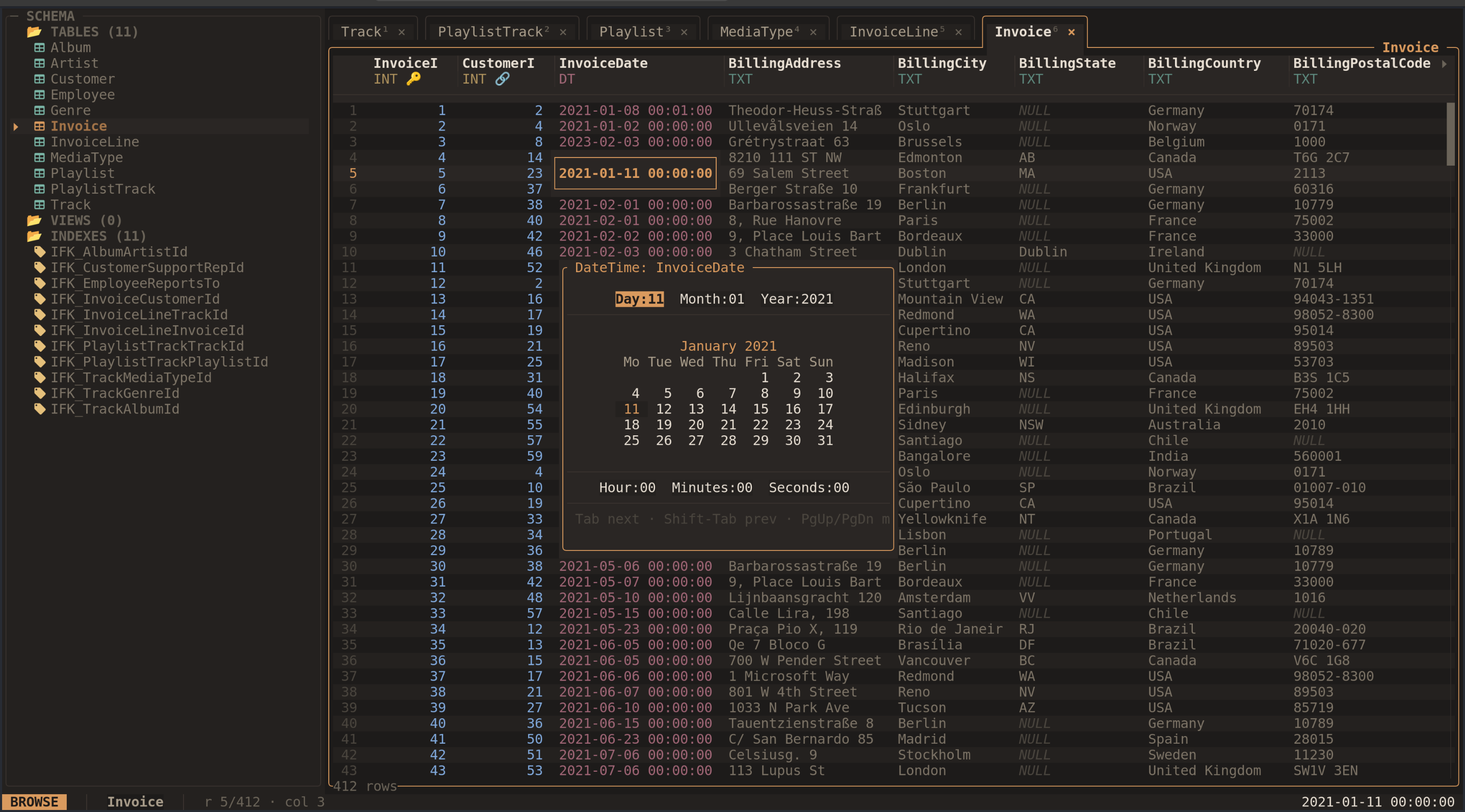 sqview editing InvoiceDate with a calendar and time fields